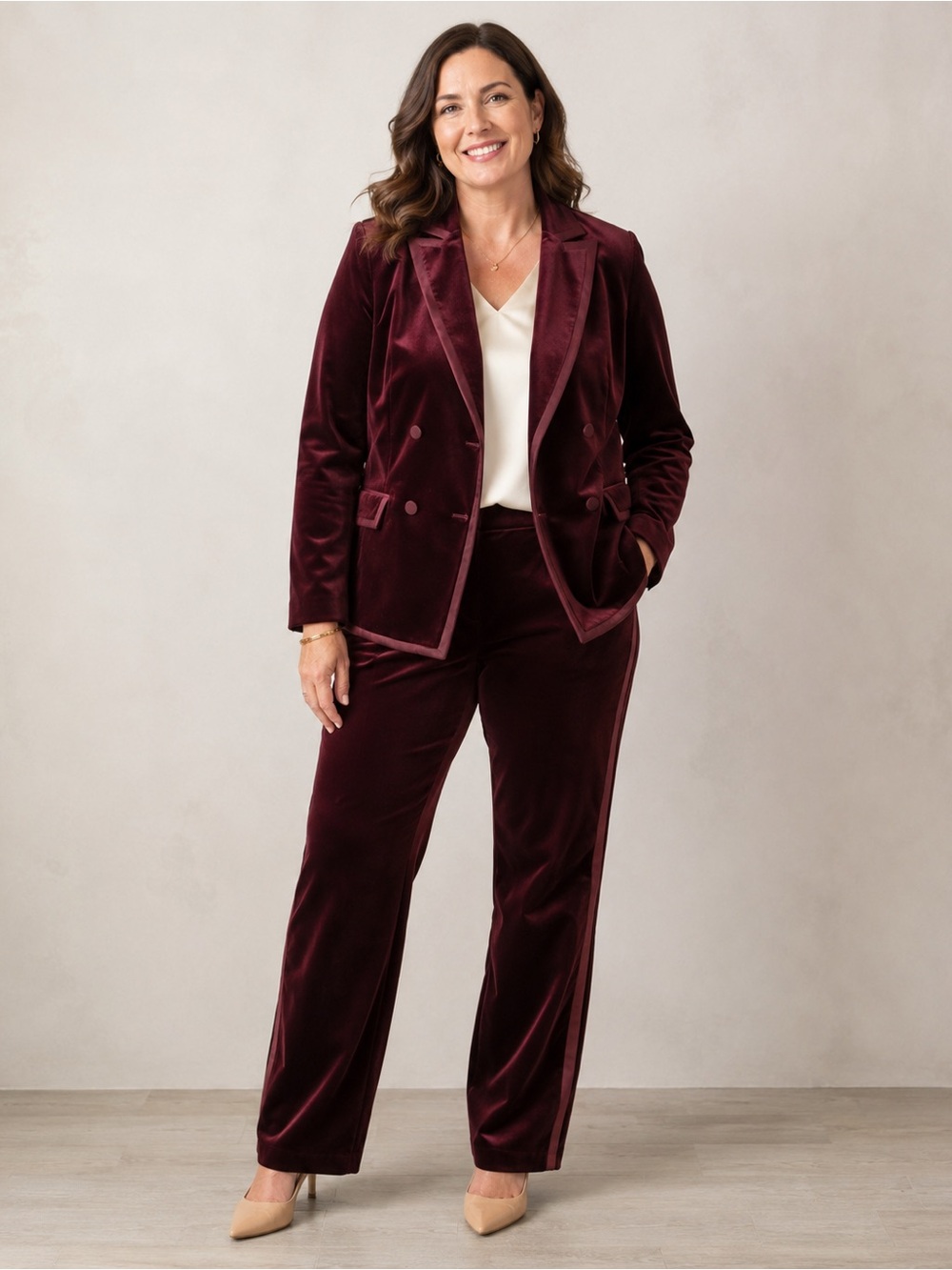 Talbots Velvet Double-Breasted Pantsuit in Burgundy - Women Pants & Blazer